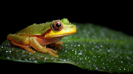 Obraz premium Small green frog with water droplets rests on a wet leaf.