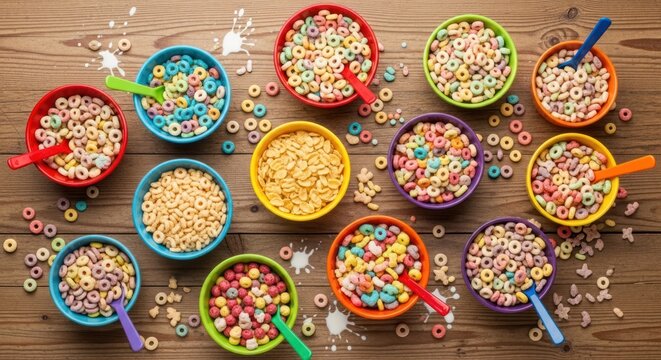 Colorful breakfast cereals fill bowls on a wooden surface.