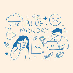Blue Monday Sad Illustration Set
