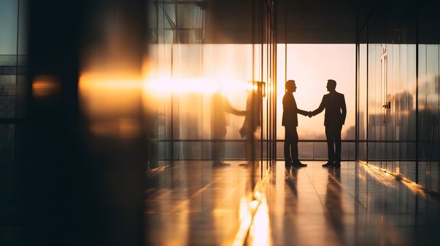 Two businessmen shake hands at sunset in a modern office hallway.