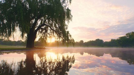 Park destination at golden hour featuring willow-framed lake reflecting pastel sky, ideal for travel tourism promotion