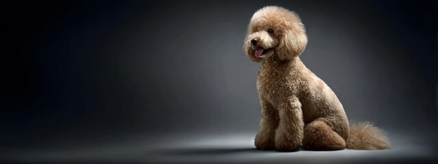adorable tan poodle with a fluffy coat sitting and looking to the side with its tongue out