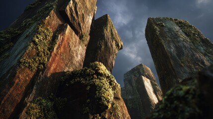 Ancient Moss-Covered Monoliths Reaching Towards a Sky of Dramatic Light.