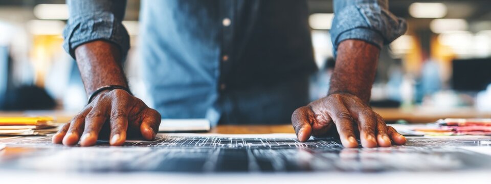 An architect meticulously examines blueprints for a sustainable building project, utilizing eco-friendly materials and designs in a bright, organized office setting - Powered by Adobe