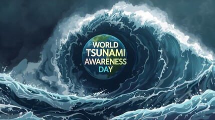 An illustration of a massive ocean wave encircling an Earth globe with the text "WORLD TSUNAMI AWARENESS DAY."