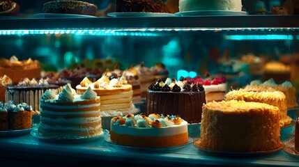 Assorted baked cakes with rich frosting and decorative toppings on display.