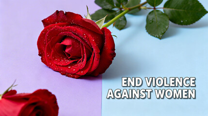 The red rose and "END VIOLENCE AGANST WOMEN" represent a call to end violence against women and are suitable for anti violence propaganda scenarios.
