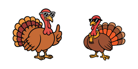 Stylish turkey character wearing hat scarf glasses and shoes funny cartoon vector