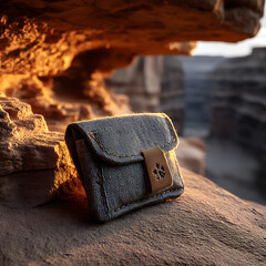 Stylish Textured Wallet on Rocky Surface During Sunset Glow