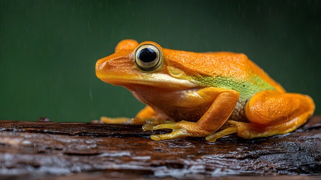 Bright orange tree frog with green stripe rests on wet wood in rain.
