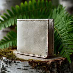 Elegant beige wallet on natural wood with green fern background