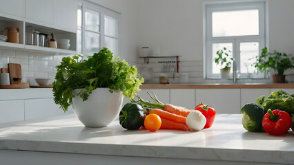 Clean and minimalist white kitchen table with fresh vegetables arranged neatly under soft natural light for wellness and diet concept