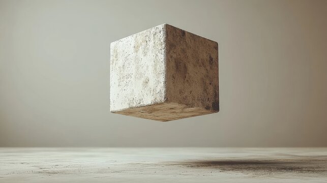 A weathered, floating cube against a muted beige backdrop. The cube has texture