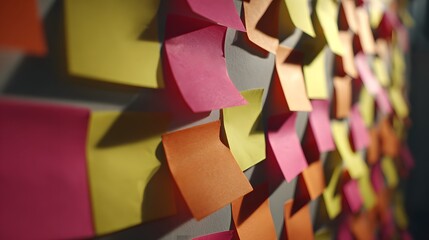 Sticky notes in orange, pink, and yellow colors are attached to a wall.