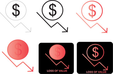 Financial decline represented by a red dollar sign and a downward arrow, indicating loss of value and economic downturn