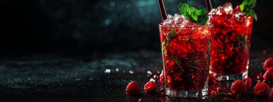 Blackberry and raspberry smoothies in glass with mint leaf and raw beeries