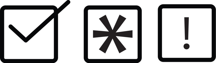 Collection of essential web form validation symbols a checked box, an asterisk, and an exclamation mark isolated on a white background