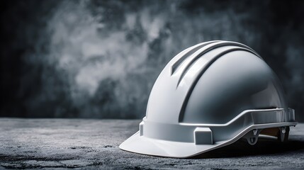 White hard hat rests on a textured surface against a smoky backdrop.