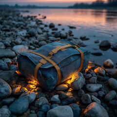 Vintage Leather Travel Bag by River at Sunset with Warm Glow