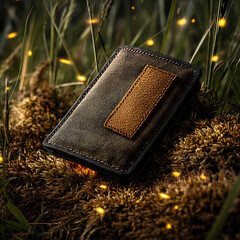 Elegant Portable Wallet on Moss with Flickering Lights at Dusk