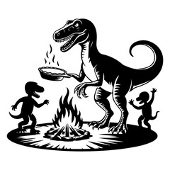Charming Black and White Illustration of a Large Dinosaur Cooking for Its Enthusiastic Baby Dinosaurs Around a Warm Campfire