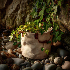Vintage Fabric Planter with Green Ivy Ferns on Pebble Ground