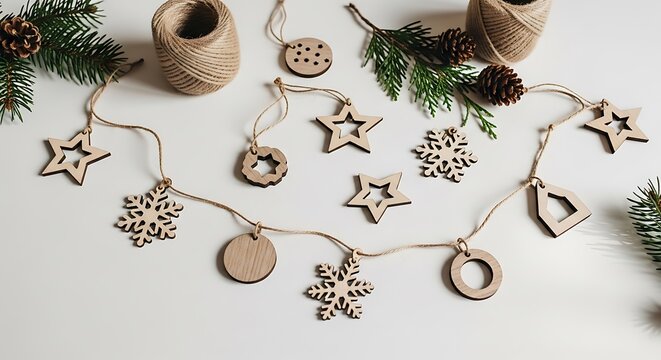 A collection of rustic wooden Christmas ornaments and garland strung on twine, with pine sprigs and pinecones.