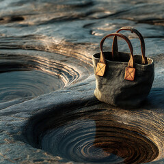 Stylish Tote Bag on Scenic Rocky Surface with Natural Water Pools