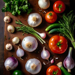 Flat lay of vegetables herbs garlic and onions on rustic kitchen table creating authentic cozy cooking mood