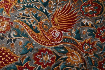 Fototapeta premium Batik Fabric: Intricate patterns and vibrant colors of the batik fabric weave a tapestry of culture and heritage.