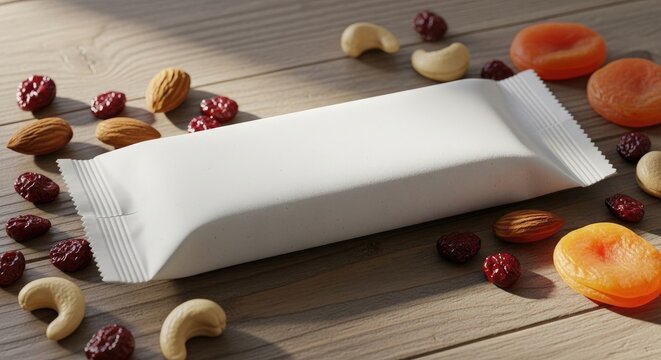 Energy bar with dried fruit and nuts on wooden background