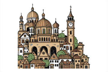 Whimsical Old European Townscape Illustration