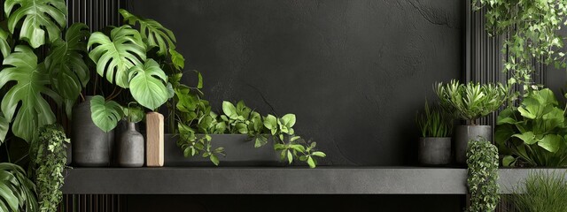 Dark Wall Empty Room with Plants. Blank wall and copy space in empty elegant dark room at night - negative space 220