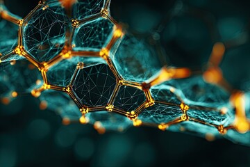 Close-up depiction of a detailed, interconnected hexagonal structure glowing softly with golden highlights