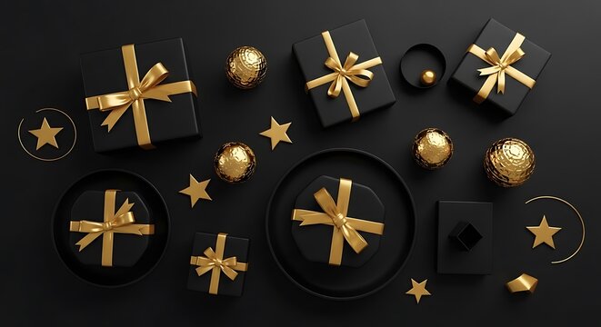 Elegant black gift boxes adorned with golden ribbons and festive ornaments on a dark background, symbolizing luxury and celebration.