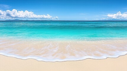Tropical beach scene with turquoise water, white sand, fluffy clouds, and clear blue sky