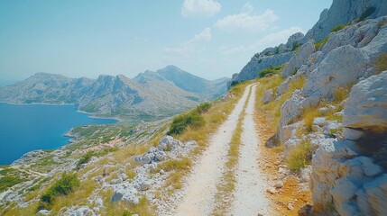 A winding dirt road ascends a rocky mountain with stunning coastal and mountain views under a bright sky