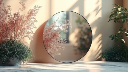 Interior with plants in sunlight, featuring a circular mirror reflecting blossoms