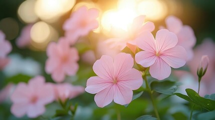 Delicate pink flowers bloom with green leaves, bathed in soft, golden sunlight bokeh