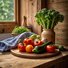 Assorted fresh vegetables on rustic wooden table with kitchen towel in warm daylight atmosphere