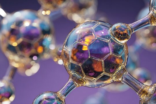 Close-up of a glass-like abstract molecular structure against a soft purple background - Powered by Adobe