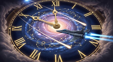Naklejka premium Time Travel - Spaceship Soaring Through a Clockwork Galaxy.