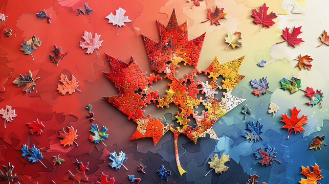Canada Maple leaves pazzles with rainbow background