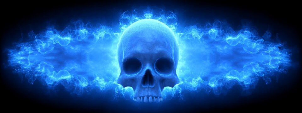 Ethereal human skull surrounded by swirling blue smoke against a black background, evoking mystery