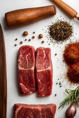 Minimalist flat lay of raw beef fillet and evenly measured spices arranged in symmetry on clean white background