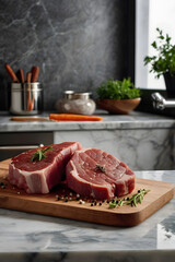 Minimalist kitchen scene with raw meat on marble surface surrounded by salt pepper and herbs in organized small bowls