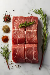 Top down composition of raw beef fillet with measured spices arranged symmetrically on white background modern culinary minimalism concept