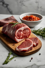 Minimalist flat lay of raw meat on marble kitchen counter with salt pepper and herbs in elegant small bowls
