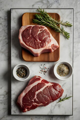 Raw meat arranged neatly on marble kitchen countertop with salt pepper and herbs in small bowls minimalist cooking concept