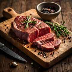 Rustic kitchen table with raw beef steak garlic rosemary and pepper under natural warm light representing authentic cooking and homemade meal preparation